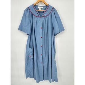 Vintage Herbcraft Womens Blue Embroidered Tea Cup Strawberry Snap House Dress 1X